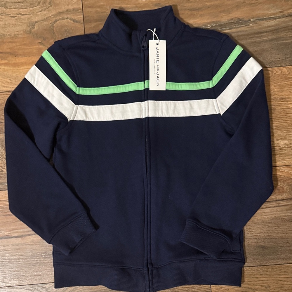 Janie and Jack Size 7-8 Navy Blue Zip Up Sweater Pockets Green White Stripe NWT